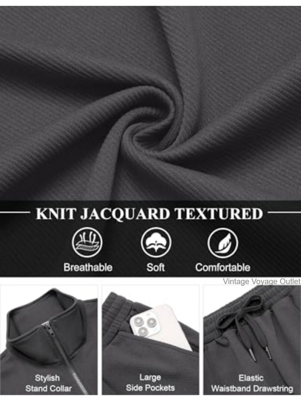 Matching 2 Piece Athletic Full Zip Tracksuit Jacquard Jogging Set Jacket and - Picture 3 of 6
